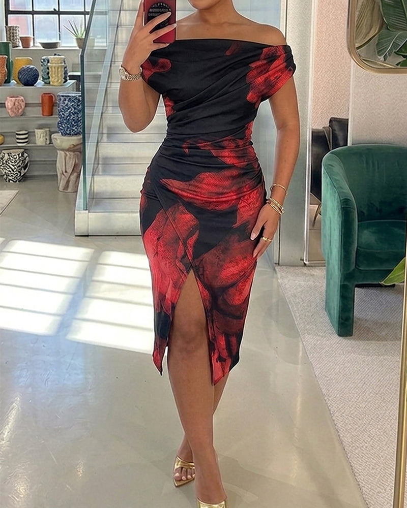 Women's Floral Print Skew Neck Mid-length Dress Ruched Wrapped Slit Bodycon Dress Elegant Party Cocktail Evening Gown - Image 5