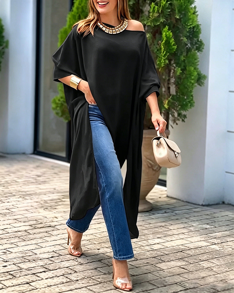 Women's Skew Neck Batwing Sleeve Tee Asymmetric Loose Cape Blouse Slit Elegant Top - Image 8