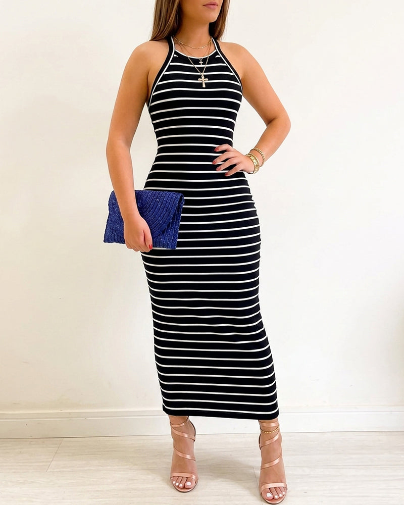 Women's Striped Halter Maxi Dress Sleeveless Ribbed Knit Dress Elegant Back Slit Slim Fit Casual Sundress - Image 5