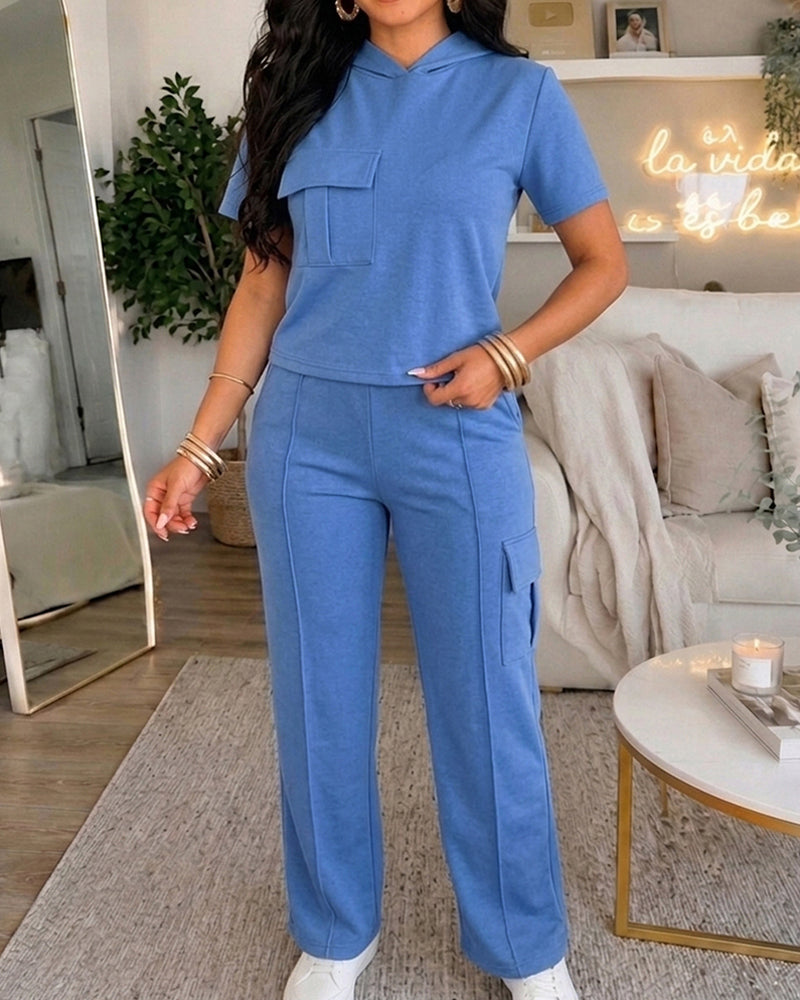 Women's Two Piece Outfits Short Sleeve Hoodie Top and High Waist Cargo Straight Leg Pants Set Casual Lounge Tracksuit - Image 6