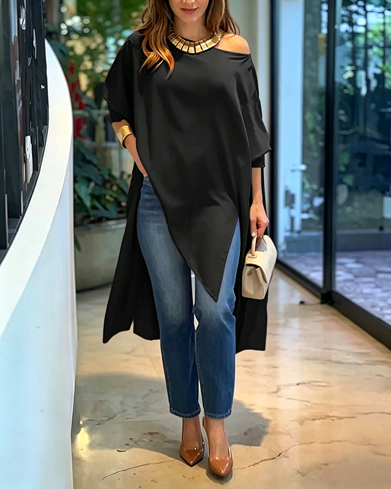 Women's Skew Neck Batwing Sleeve Tee Asymmetric Loose Cape Blouse Slit Elegant Top - Image 10