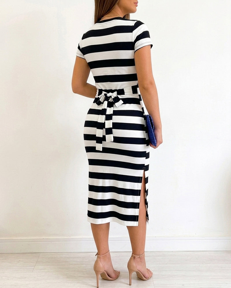Women's Casual Striped Midi Dress Short Sleeve Crewneck Tie Waist T Shirt Dress Side Slit Commuting Dress - Image 2