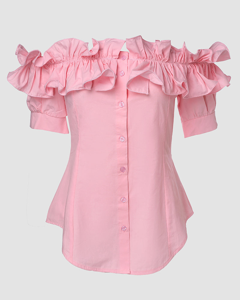 Ruffles Off Shoulder Short Sleeve Button Front Blouse Asymmetrical Hem Top - Image 11