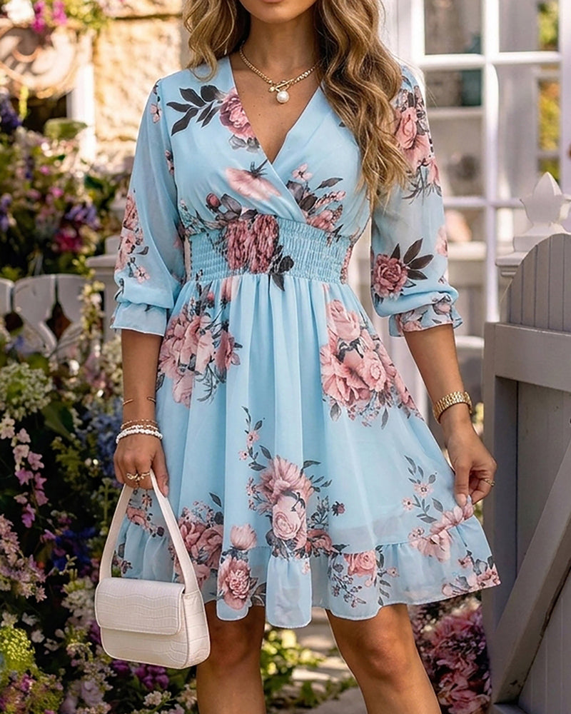 Floral Print Overlap V Neck Three Quarters Sleeve Shirred Waist Ruffle Hem Dress Casual Cinched Waist Flared Cuffs Chiffon Vacation Dress with Lining - Image 5