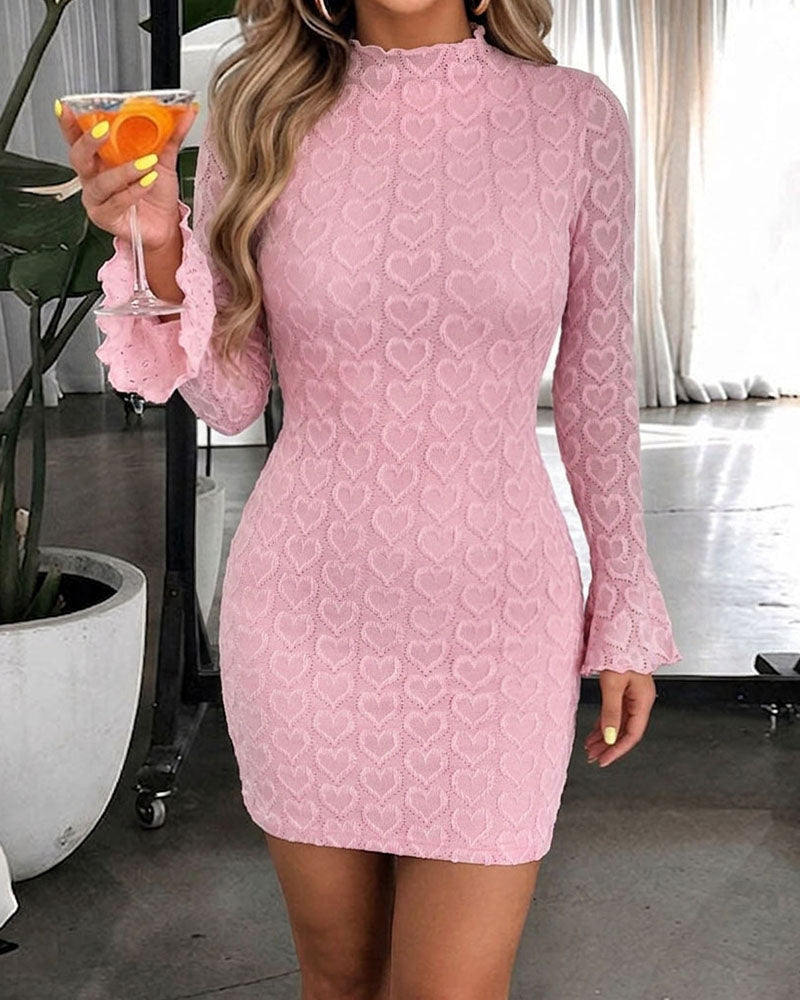 Women's Heart Jacquard Mini Dress Flared Cuffs Mock Neck Bodycon Dress Frill Hem Party Clubwear with Lining - Image 6