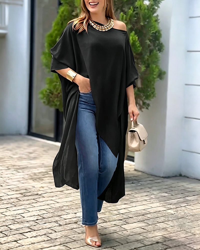 Women's Skew Neck Batwing Sleeve Tee Asymmetric Loose Cape Blouse Slit Elegant Top - Image 13