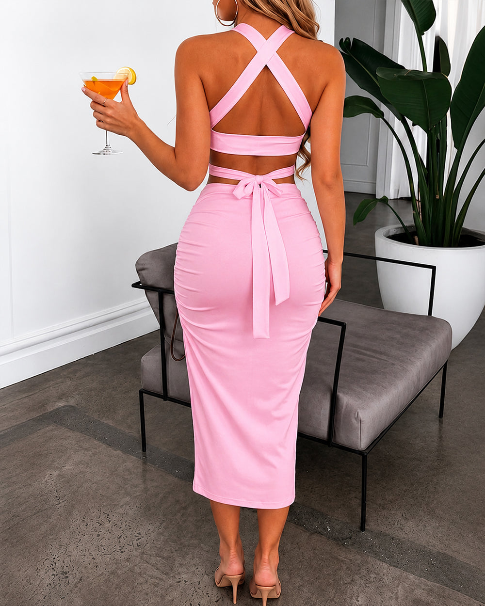 Women's Two Piece Set Criss Cross Halter Backless Crop Top and High Slit Ruched Skirt Sexy Matching Set - Image 15
