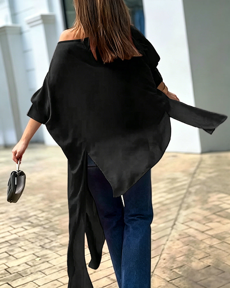 Women's Skew Neck Batwing Sleeve Tee Asymmetric Loose Cape Blouse Slit Elegant Top - Image 9