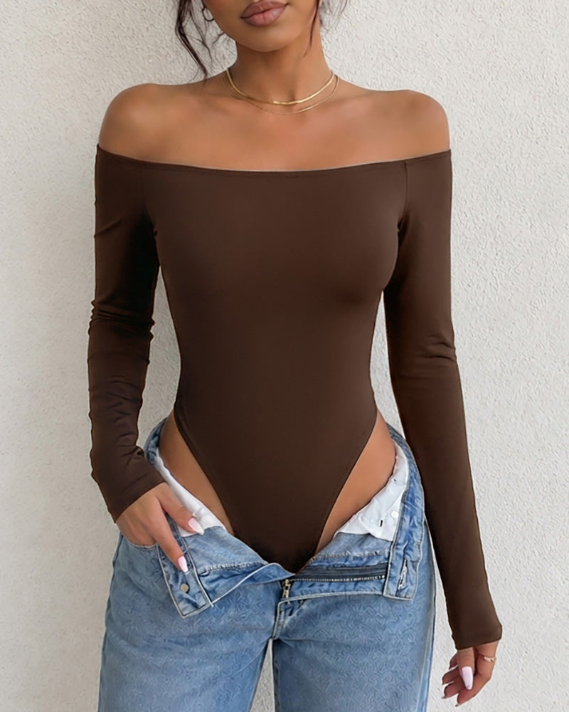 Women's Off Shoulder Bodysuit Minimalist Long Sleeve Sexy Slim Fit Bodysuit with Built-In Bra - Image 7