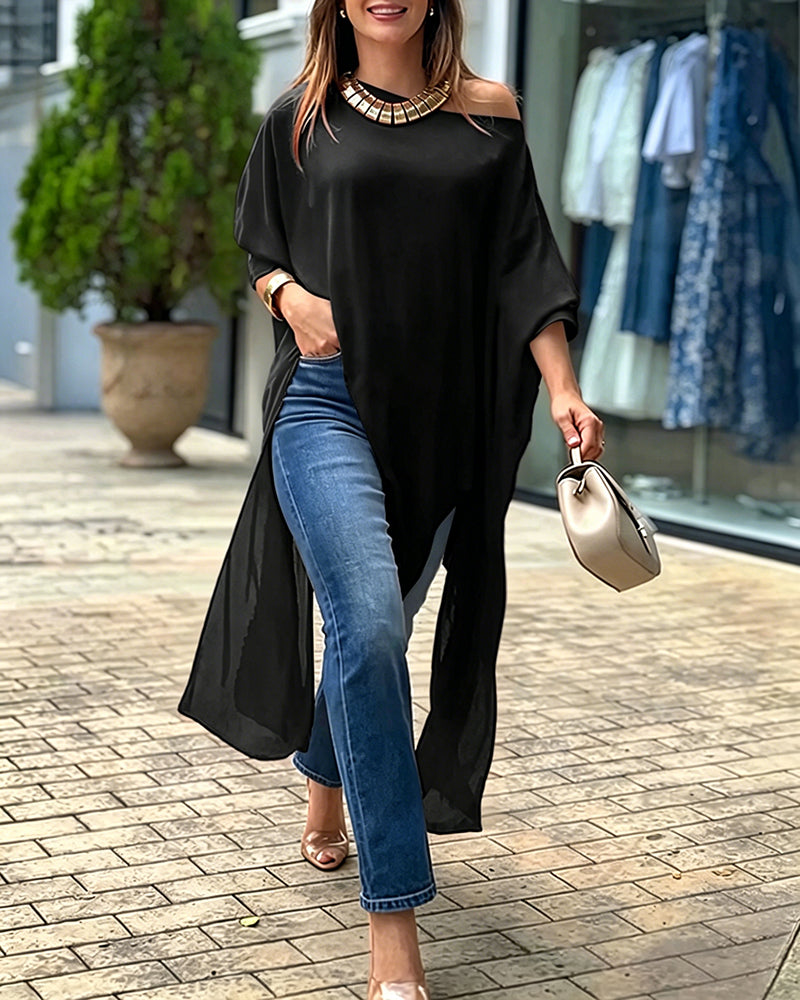 Women's Skew Neck Batwing Sleeve Tee Asymmetric Loose Cape Blouse Slit Elegant Top - Image 11