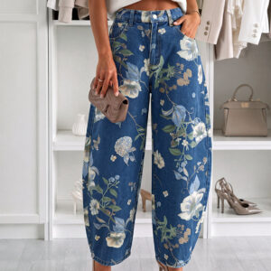 Women's Floral Printed Jeans High Waisted Barrel Denim Pants Vintage Relaxed Trousers