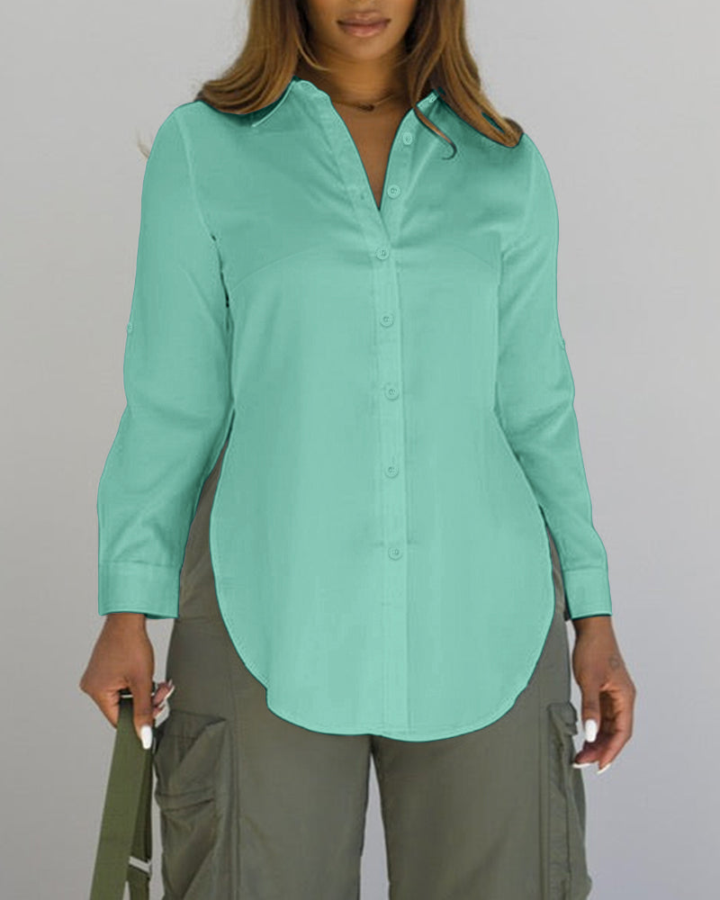 Turn-down Collar Roll Up Sleeve Button Front Shirt Casual Side Slit Curved Hem Top - Image 9