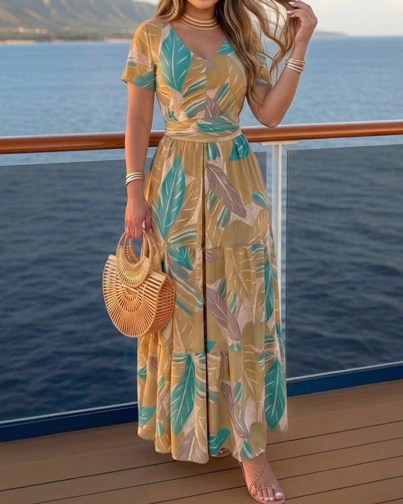 Plants Print V-Neck Short Sleeve Tie Waist Maxi Dress Casual Cinched Waist Ruffle Hem Vacation Dress - Image 6