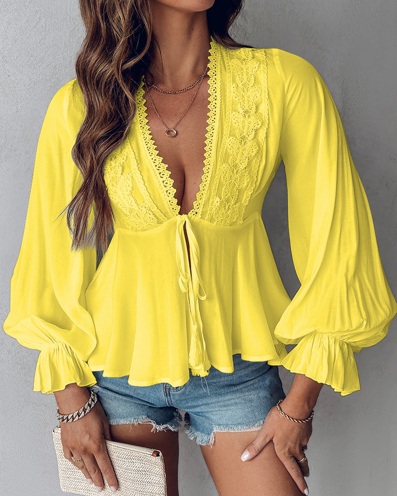Butterfly Pattern Decor Deep V Neck Long Sleeve Blouse Casual Tie Front Flared Cuffs Lace Trim A-Line Hem Top - Image 9