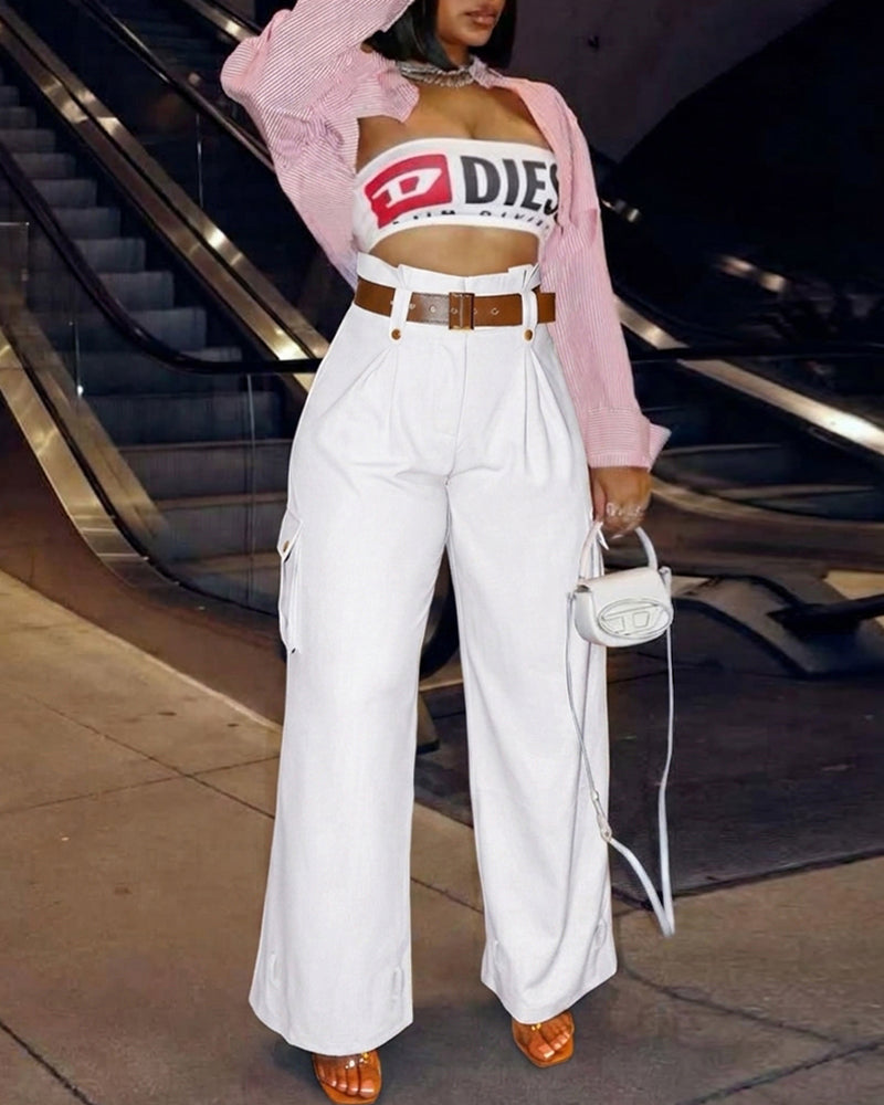 Women's Pockets Design Cargo Pants Casual High Waisted Trousers with Contrast Belt - Image 7