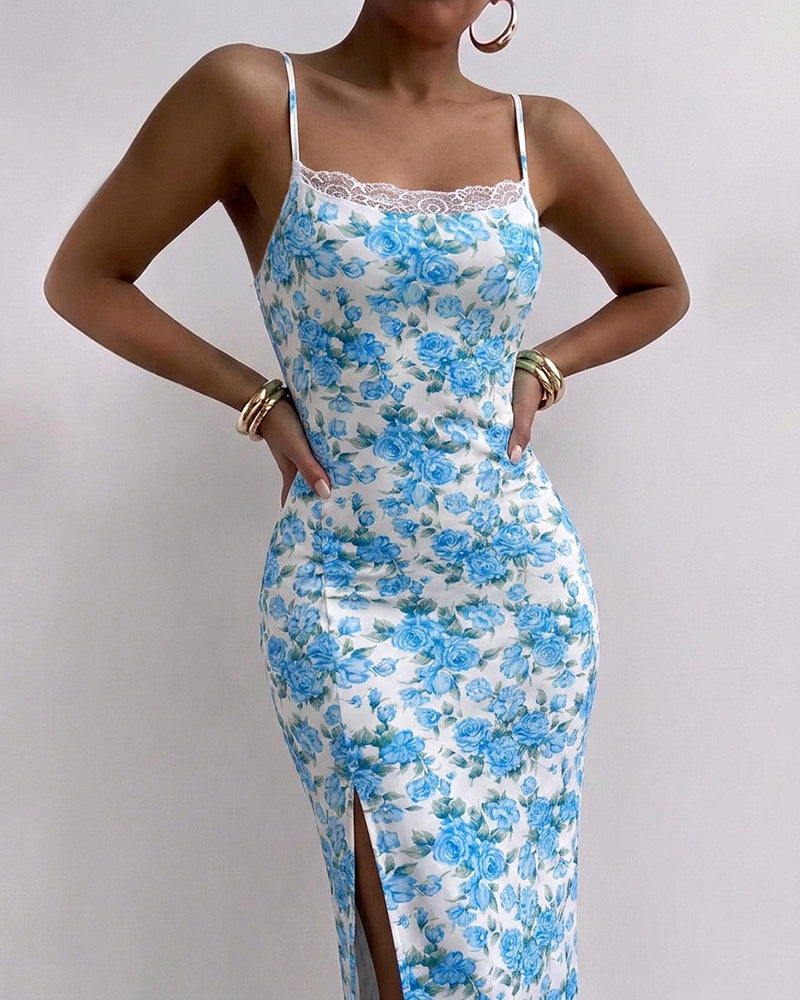 Women's Lace Patchwork Floral Cami Dress Slim Fit High Slit Backless Vacation Dress - Image 6