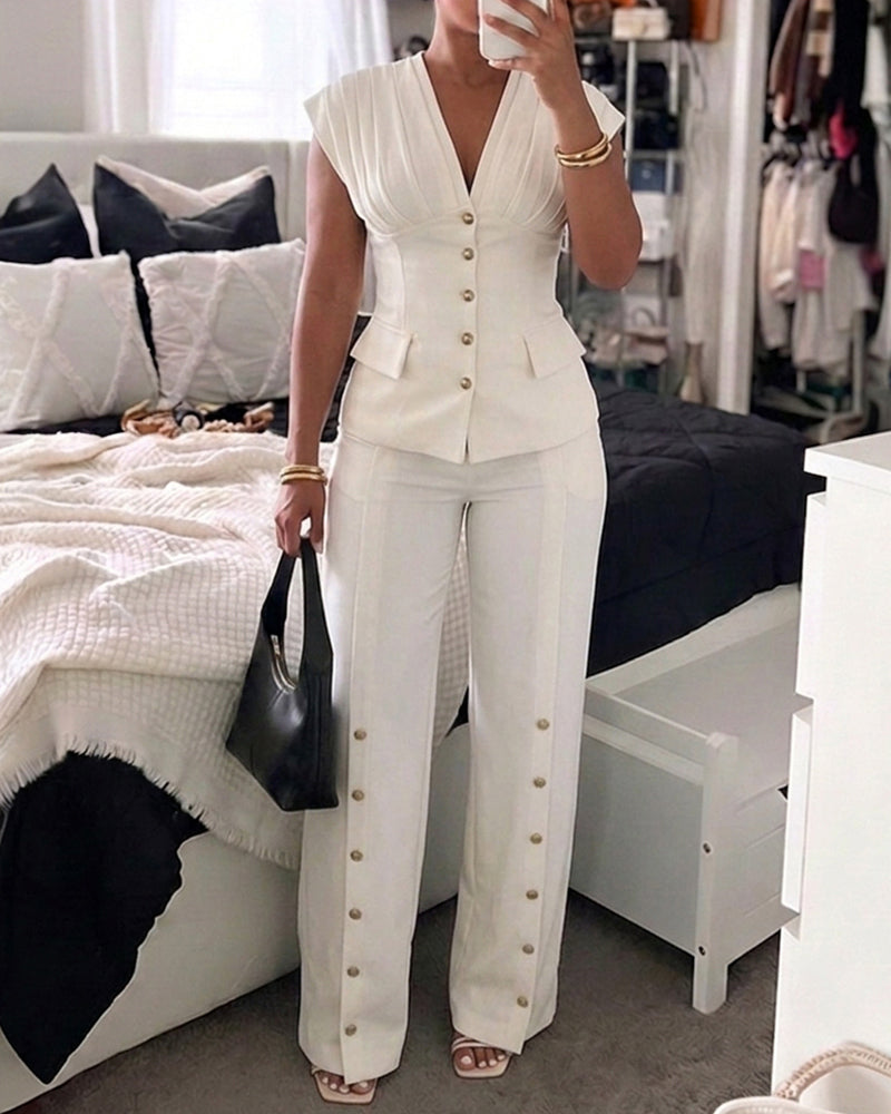 Women's 2-Piece Elegant Set Deep V-Neck Sleeveless Backless Pleated Top and Wide-Leg Pants Formal Outfit - Image 5