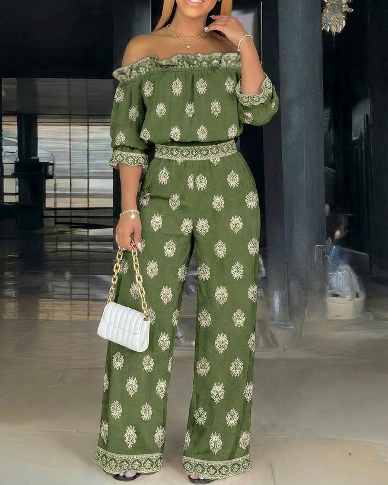 2 Pieces Outfit Stretchy Off Shoulder Half Sleeve Flared Cuffs Stretchy Hem Top and High Waist Elastic Back Waist Wide Leg Pants Set Casual Vintage Print Vacation Set - Image 4