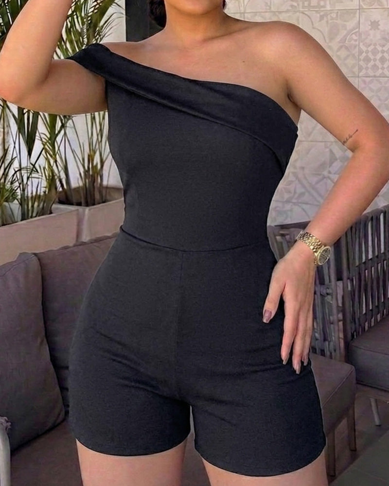Women's Foldover One Shoulder Romper Slim Fit Sleeveless High Waist Romper - Image 4