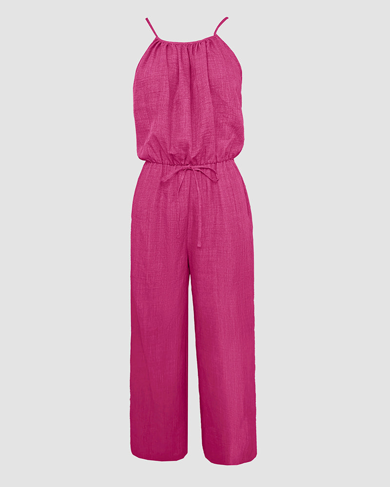 Womens Spaghetti Strap Drawstring Tied Waist Jumpsuit Casual Overalls - Image 22
