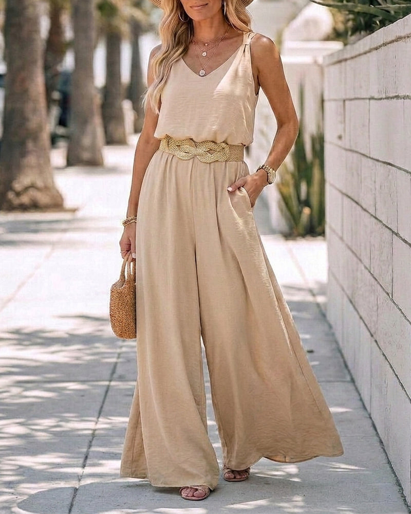 2 Pieces Outfit V-Neck Shoulder Bowknot Design Sleeveless Tank Top and Casual Zipper Fly Elastic Back Waist Wide Leg Pants Set without Belt - Image 4