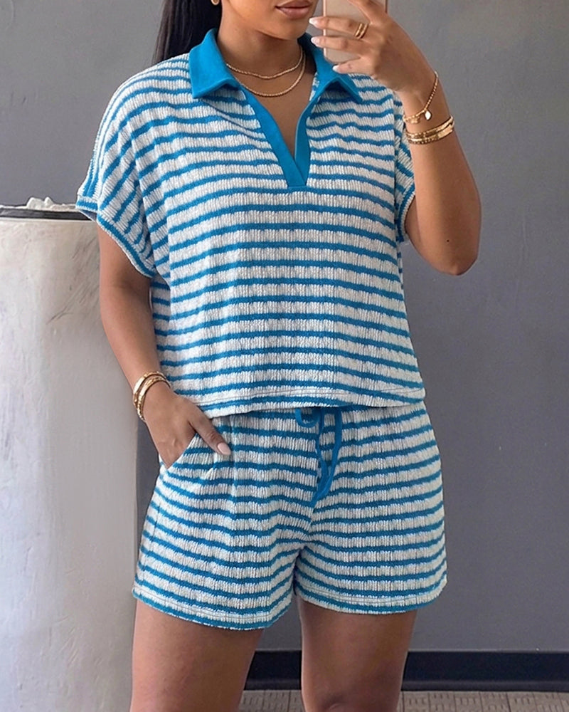 Women's Stripe Textured Two Piece Outfits Polo Top and Drawstring High Waisted Shorts Casual Lounge Set - Image 5