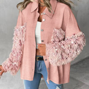 Contrast Sequin Turn-down Collar Long Sleeve Tassel Design Fuzzy Shacket with Pocket