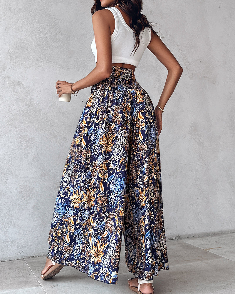 Boho Vintage Floral Print Shirred High Waist Wide Leg Pants - Image 4