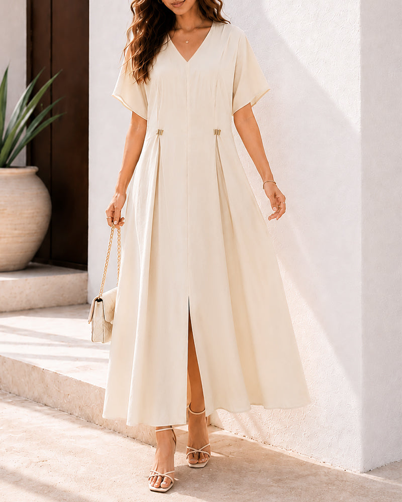 Women's Elegant V Neck Maxi Dress Casual Batwing Sleeve Pleated Long Dress Front Slit Shirred Vacation Dress - Image 4
