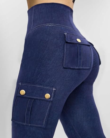 High Waist Tummy Control Butt Lifting Denim Look Leggings Stretchy Yoga Pants with Flap Pockets - Image 4