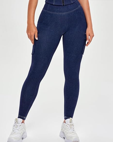 High Waist Tummy Control Butt Lifting Denim Look Leggings Stretchy Yoga Pants with Flap Pockets - Image 2