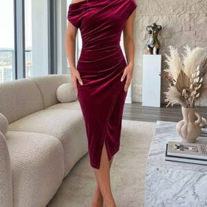 Women's Velvet Skew Neck Midi Dress Elegant Ruched Wrap Slit Bodycon Evening Dress