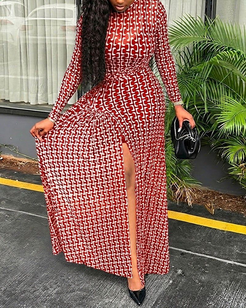 Geometric Print Long Sleeve Waist Tied Detail Maxi Dress Casual Slim Fit Slit Vacation Dress - Image 12