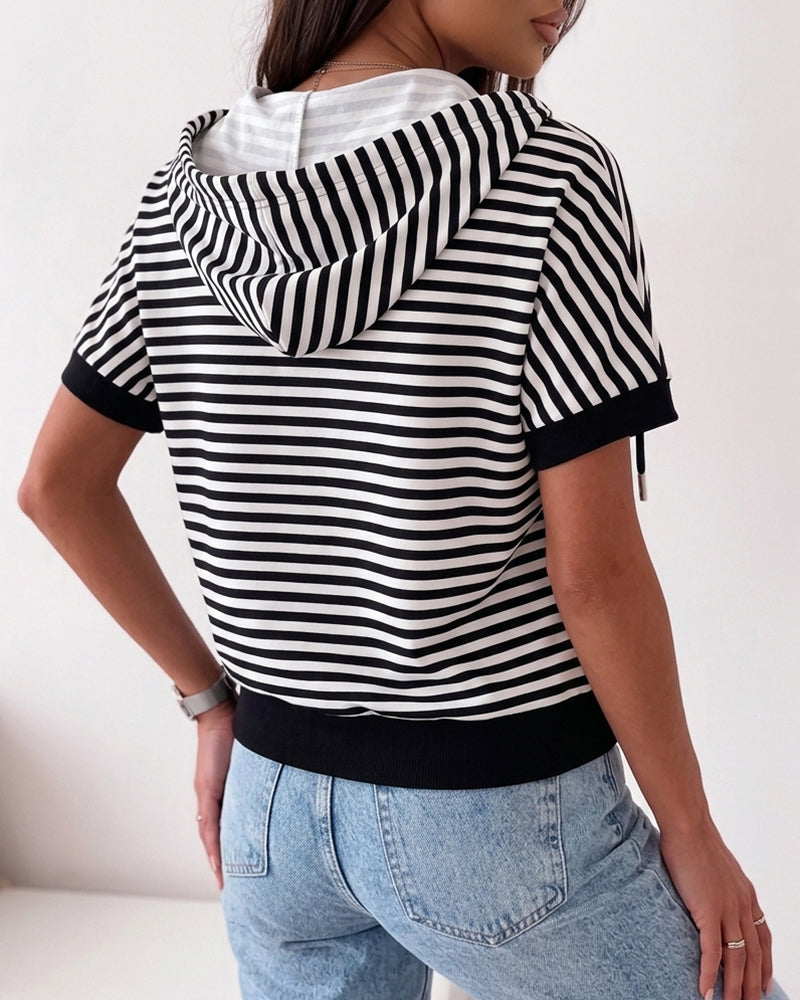 Women's Striped Half Zip Drawstring Hoodie Short Sleeve Sweatshirt Loose Contrast Trim Casual Pullover Top - Image 2