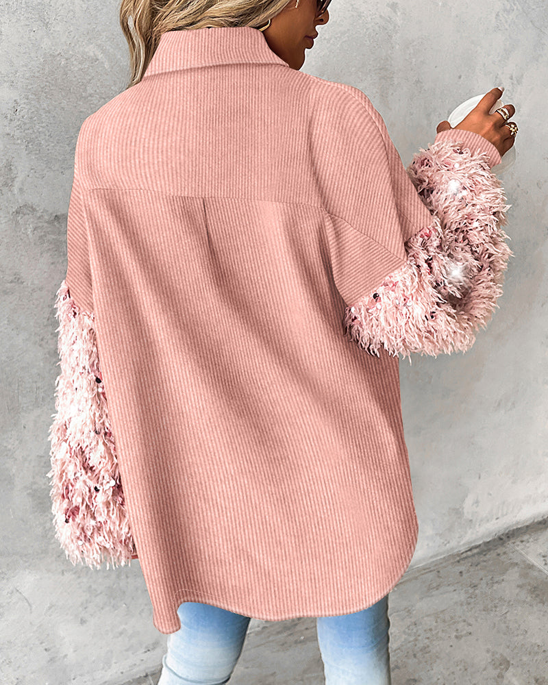 Contrast Sequin Turn-down Collar Long Sleeve Tassel Design Fuzzy Shacket with Pocket - Image 3