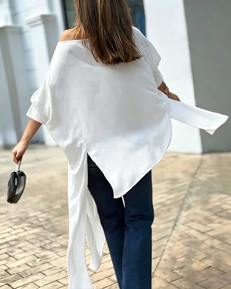 Women's Skew Neck Batwing Sleeve Tee Asymmetric Loose Cape Blouse Slit Elegant Top - Image 15