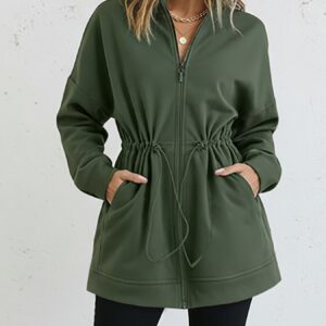Long Sleeve Waist Drawstring Hooded Coat Casual Loose Fit Cardigan Jacket with Pockets