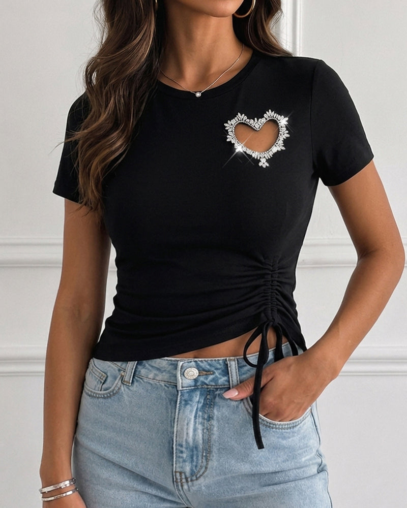 Women's Heart Cutout Rhinestone T-Shirt Short Sleeve Side Drawstring Ruched Top Slim Fit Sparkly Party Tee - Image 5