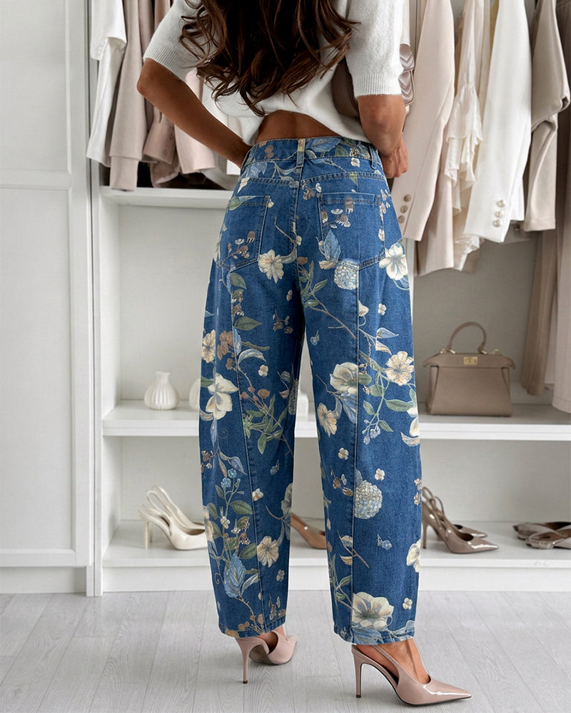 Women's Floral Printed Jeans High Waisted Barrel Denim Pants Vintage Relaxed Trousers - Image 2