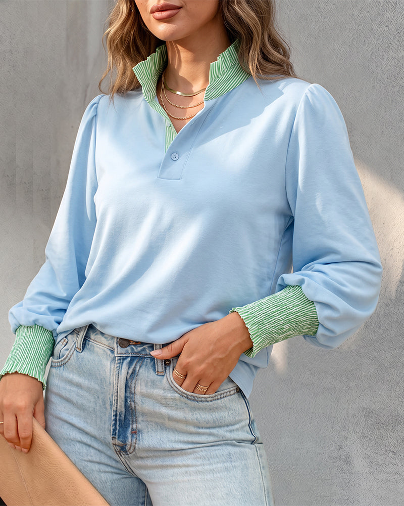 Women's Contrast Stripe Patchwork Blouse Frill Hem Stand Collar Puff Lantern Sleeve Shirred Cuff Pullover Shirt - Image 4