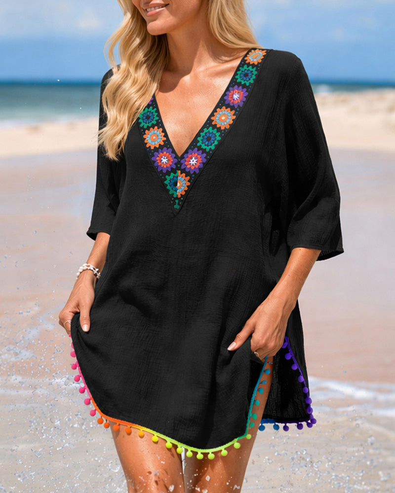 Women's V Neck Beach Cover Up Pom Pom Trim Side Slit Sheer Caftan Causal Three Quarters Sleeve Swimwear - Image 7