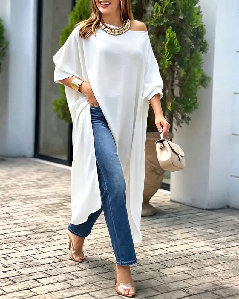 Women's Skew Neck Batwing Sleeve Tee Asymmetric Loose Cape Blouse Slit Elegant Top - Image 17