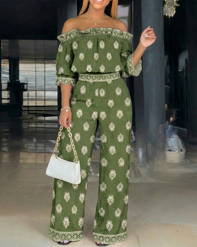 2 Pieces Outfit Stretchy Off Shoulder Half Sleeve Flared Cuffs Stretchy Hem Top and High Waist Elastic Back Waist Wide Leg Pants Set Casual Vintage Print Vacation Set - Image 5