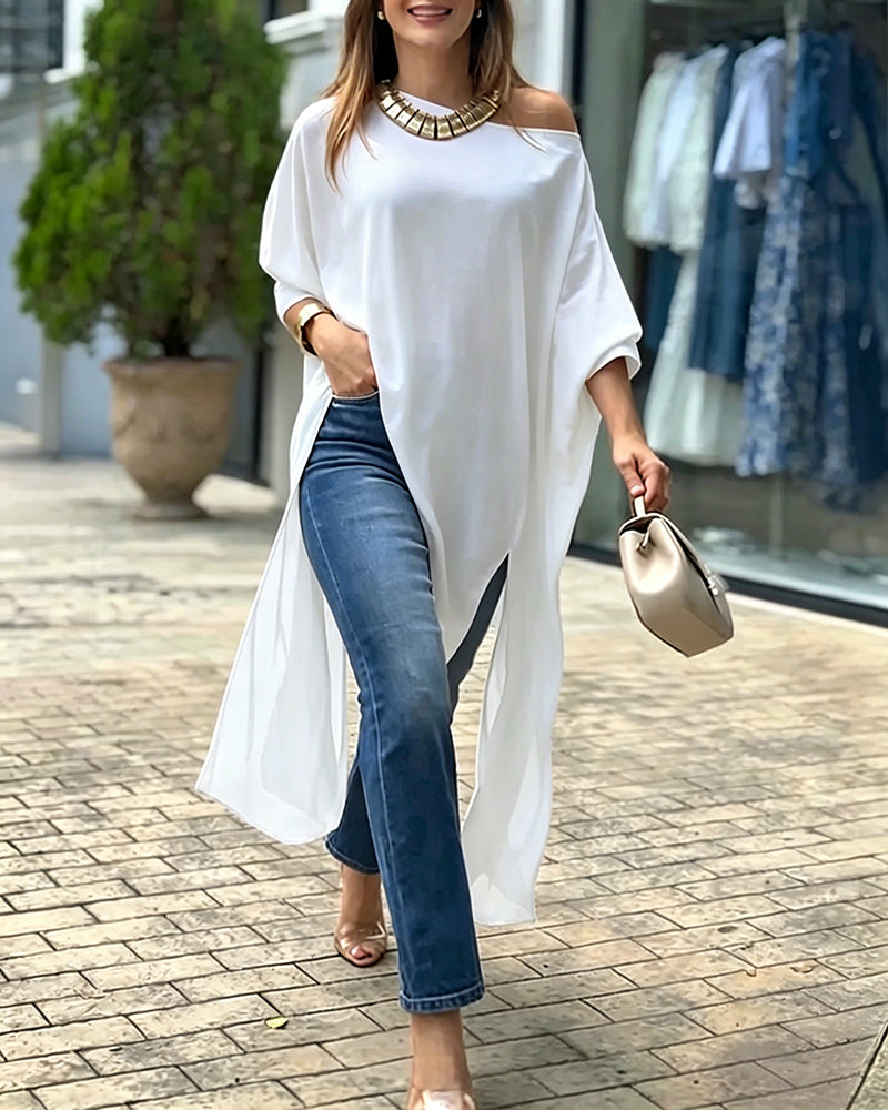 Women's Skew Neck Batwing Sleeve Tee Asymmetric Loose Cape Blouse Slit Elegant Top - Image 19