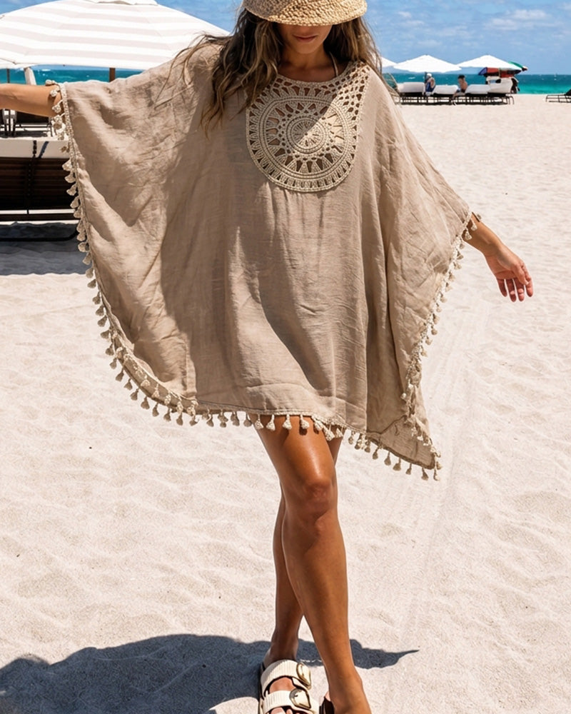 Women's Front & Back Reversible Beach Cover Up Crochet Lace Hollow Out Spliced Tassel Vacation Caftan Dress - Image 7
