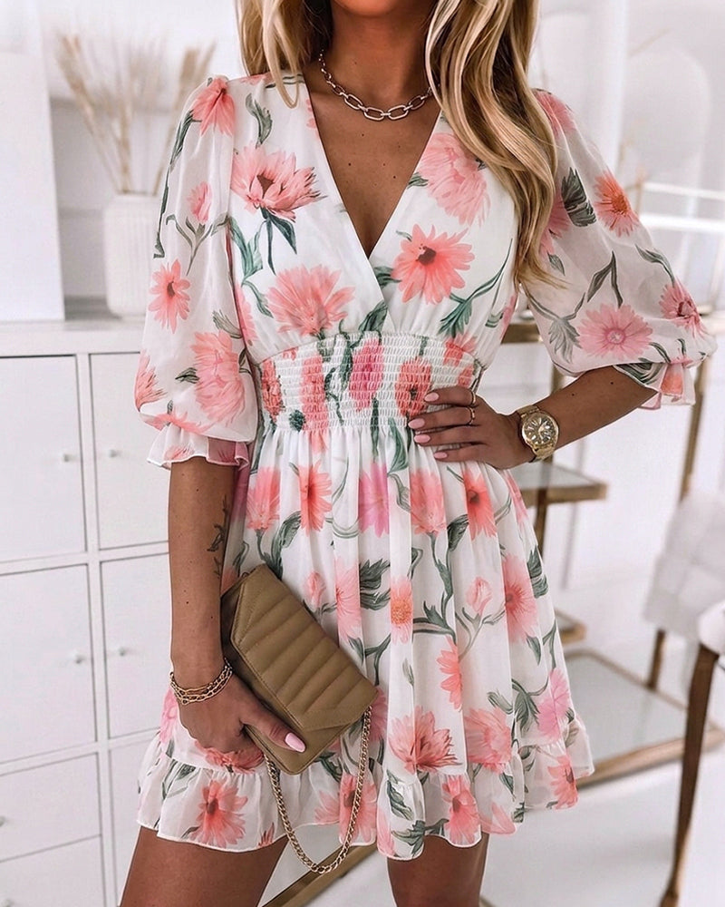 Floral Print Overlap Deep V-Neck Half Sleeve Shirred Waist A Line Dress Casual Flared Cuffs Ruffle Hem Chiffon Dress - Image 5