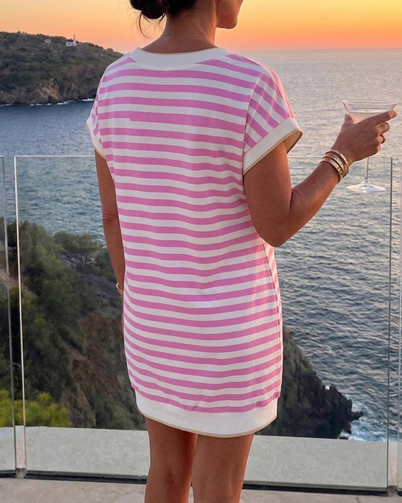 Women's Striped V-Neck T-Shirt Dress Summer Casual Short Sleeve Mini Dress Loose Fit Vacation Dress with Pockets - Image 2