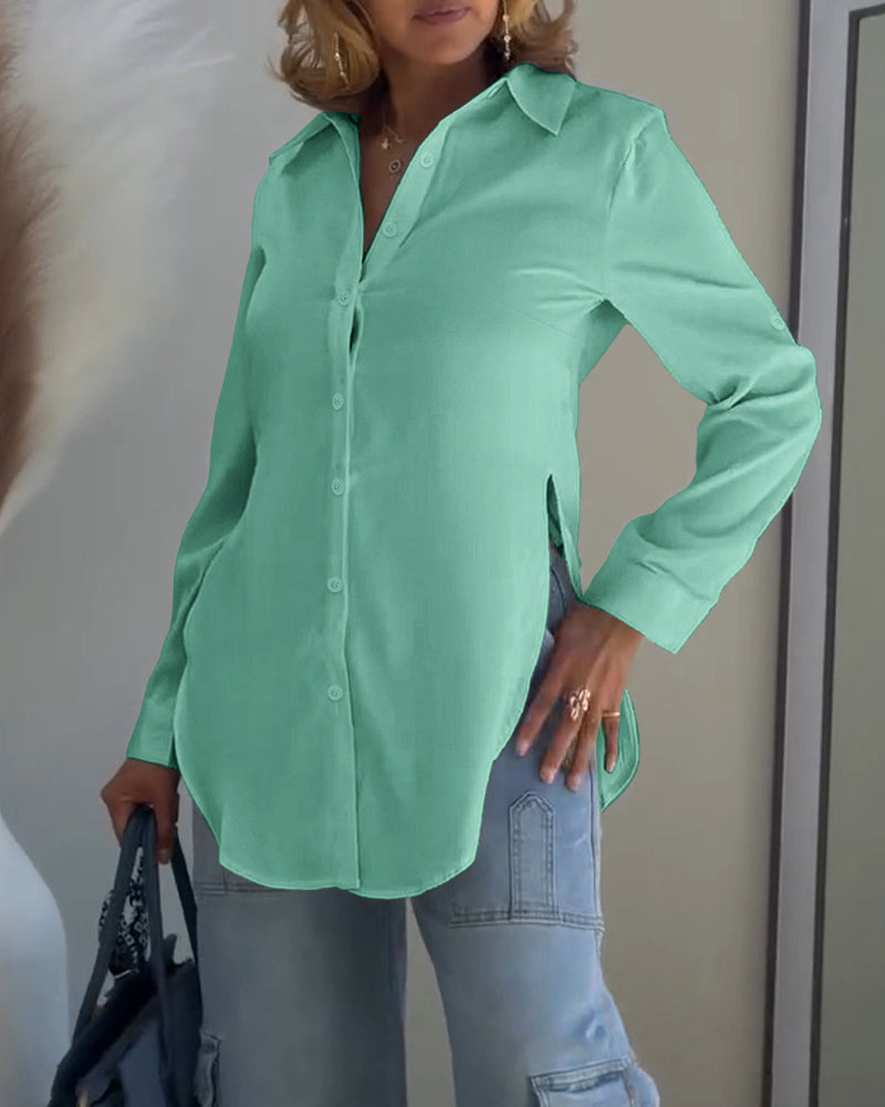 Turn-down Collar Roll Up Sleeve Button Front Shirt Casual Side Slit Curved Hem Top - Image 10