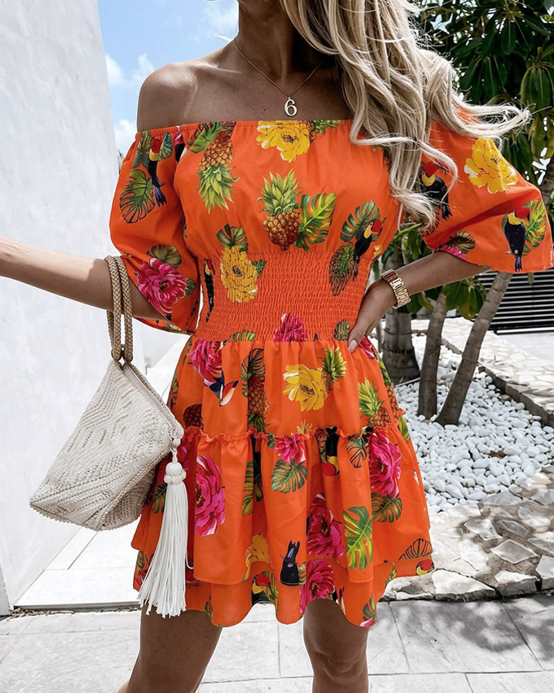 Women's Stretchy Off Shoulder Vacation Dress Tropical Fruit Floral Shirred Waist Ruffle Hem A Line Dress - Image 5