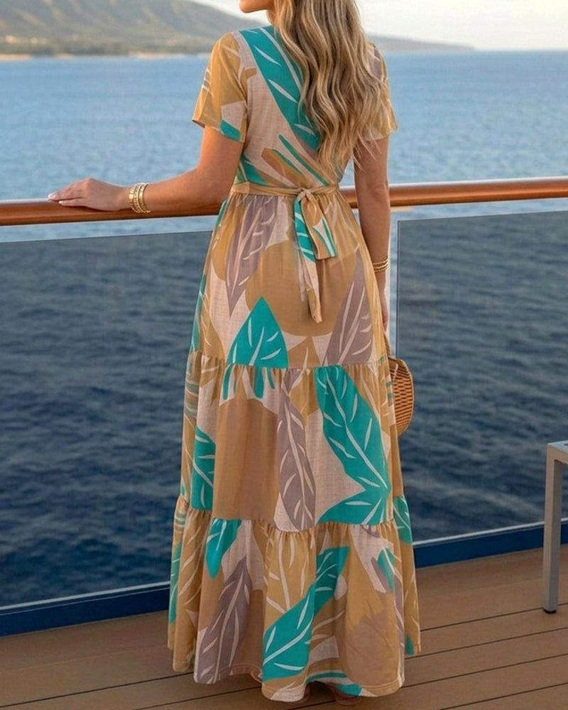 Plants Print V-Neck Short Sleeve Tie Waist Maxi Dress Casual Cinched Waist Ruffle Hem Vacation Dress - Image 2